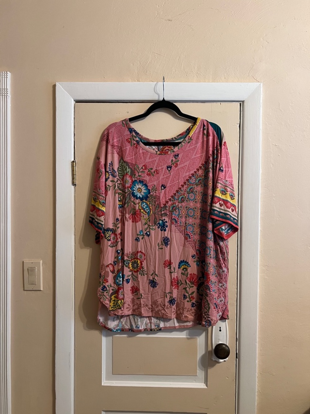Johnny Was Pink Floral Mixed-Print Short Sleeve Tunic